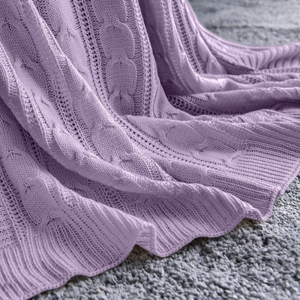 LIlac Purple Cozy Knit Cable Knit Weave Pattern Decorative Bed Accent Blanket - Picture 4 of 9